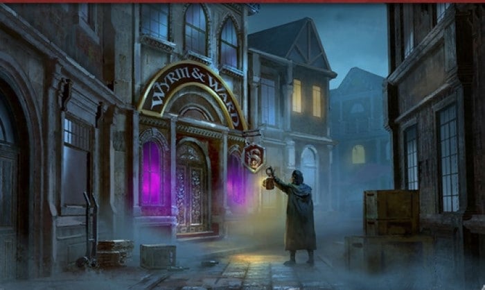 A man with an oil lantern wandering a cobblestone street. A sign behind him reads,